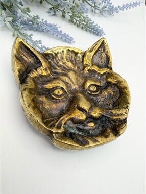 Vtg 4” Virginia Metalcrafters Bob Cat Brass Trinket Dish Ashtray Heavy 3D